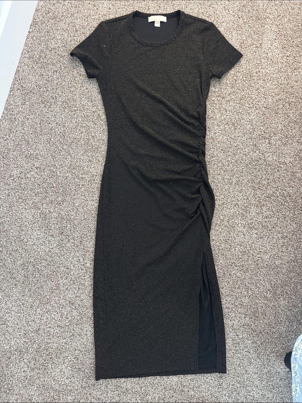 Michael Kors Black Sparkle Ruched Side-Slit Midi Dress